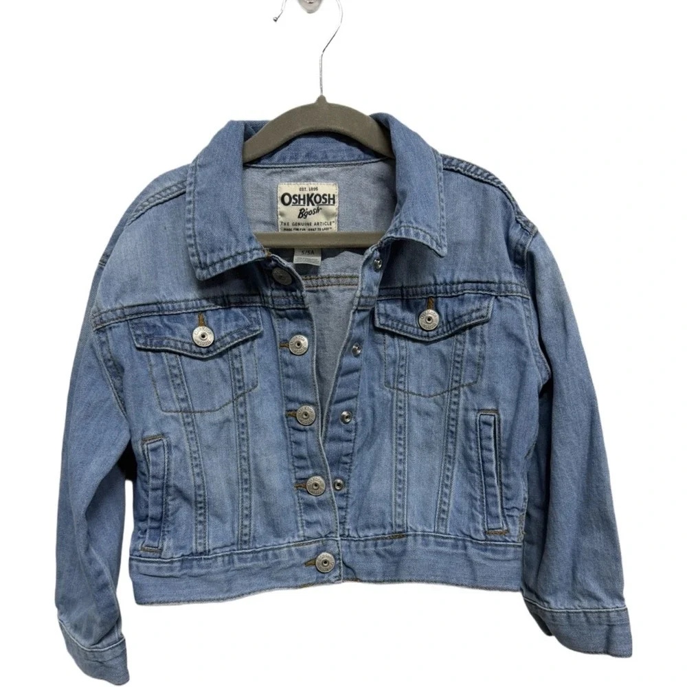 OshKosh B'gosh Girls Denim Jacket Size 5 Light Wash Snap Button Jean 100% Cotton